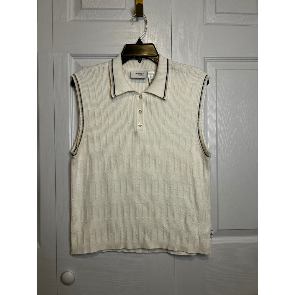 LizGolf Liz Claiborne Cream Sleeveless Polo Sweater Vest Pointelle Knit XL
